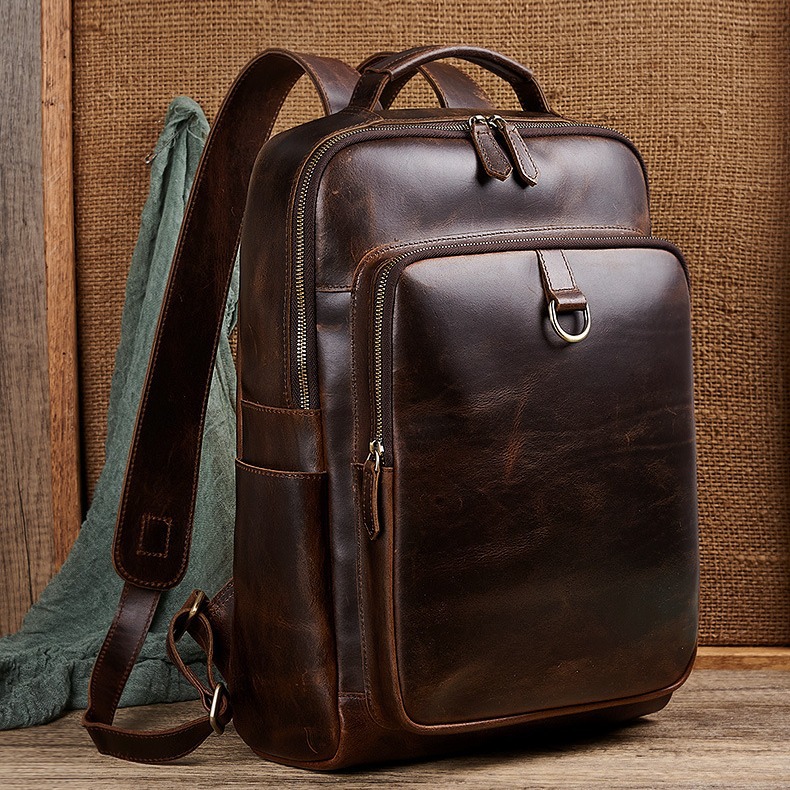 Genuine Leather Backpack - Mochila Masculina de Couro Encerado de