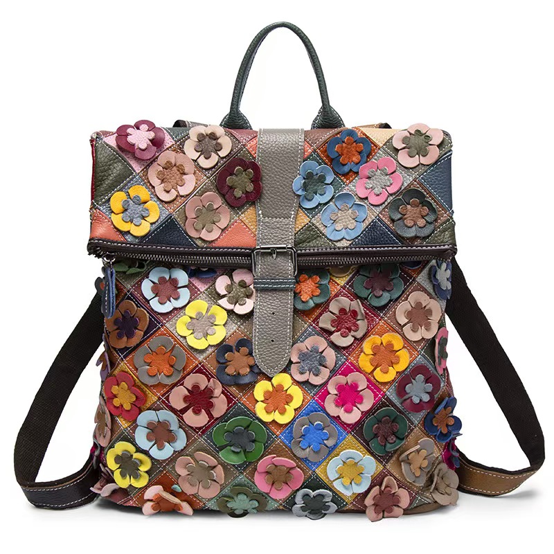 Genuine Leather Backpack - Mochila Vintage Feminina em Couro Genuíno