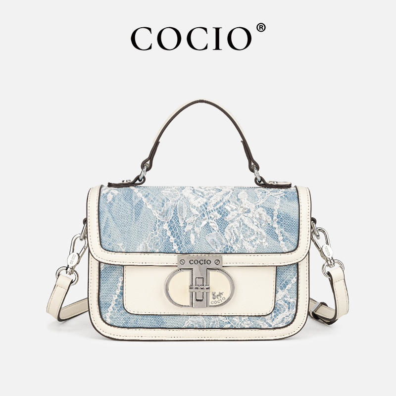 Structured Handbag Top Handle - Bolsa Feminina Azul Branco com Renda