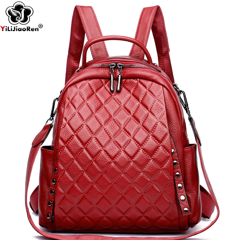 Genuíno couro mochila feminina - Genuine Leather Backpack avaliação e preço