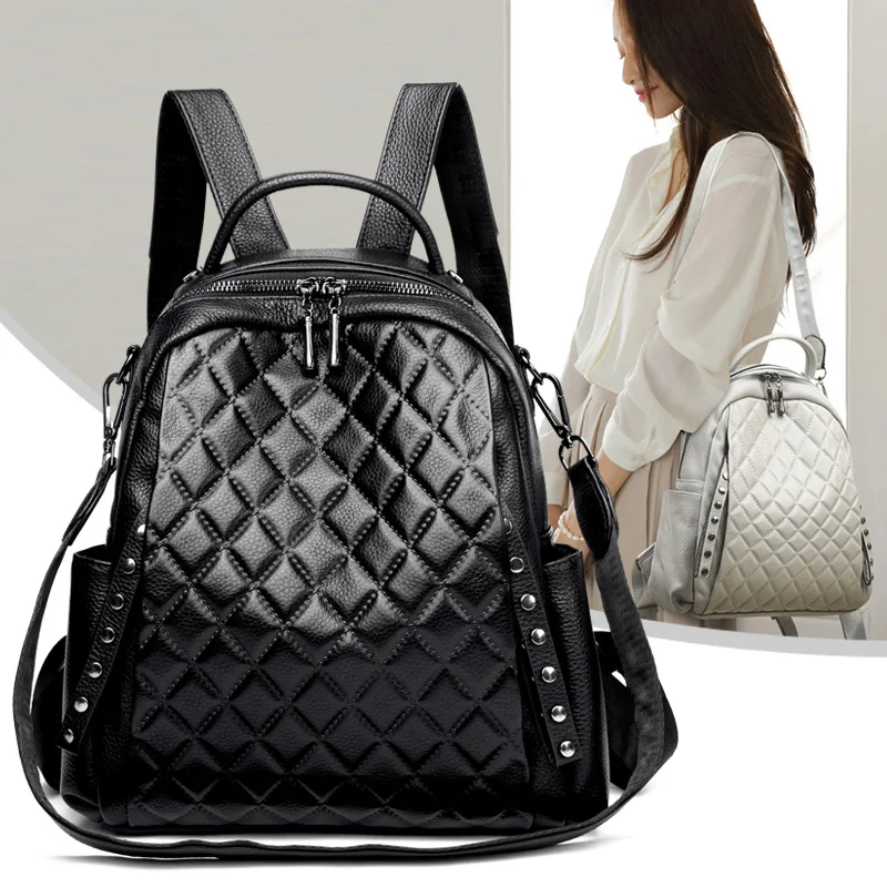 Genuíno couro mochila feminina - Genuine Leather Backpack avaliação e preço